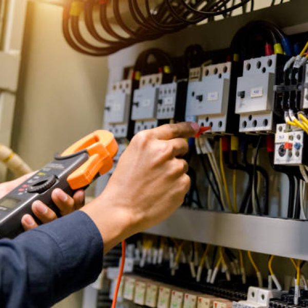 CC1 Electrician engineer work tester measuring voltage and current of power electric line in electical cabinet control.